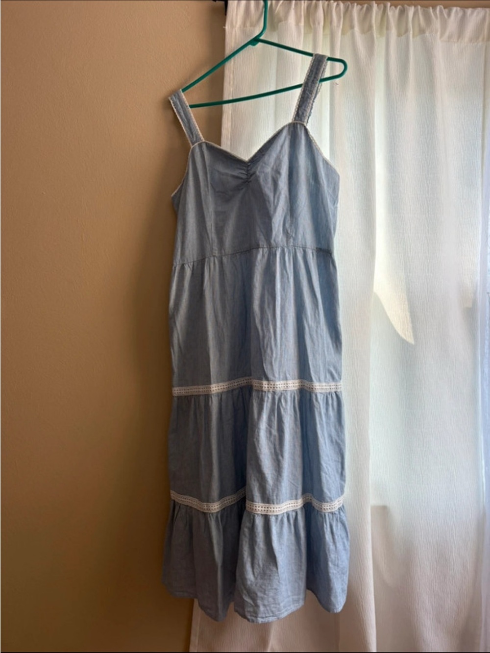 Celebrity Pink Light Blue Tiered Midi Sundress with Lace Inserts